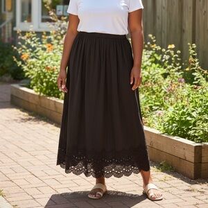 Chicos Chocolate Brown Eyelet Lace Hem Maxi Skirt Sz M